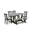 HomeStock 6-Piece Rectangle Natural Oak Finish Solid Wood Top Dining Table with 1-Bench, 4 Upholstered-Chairs