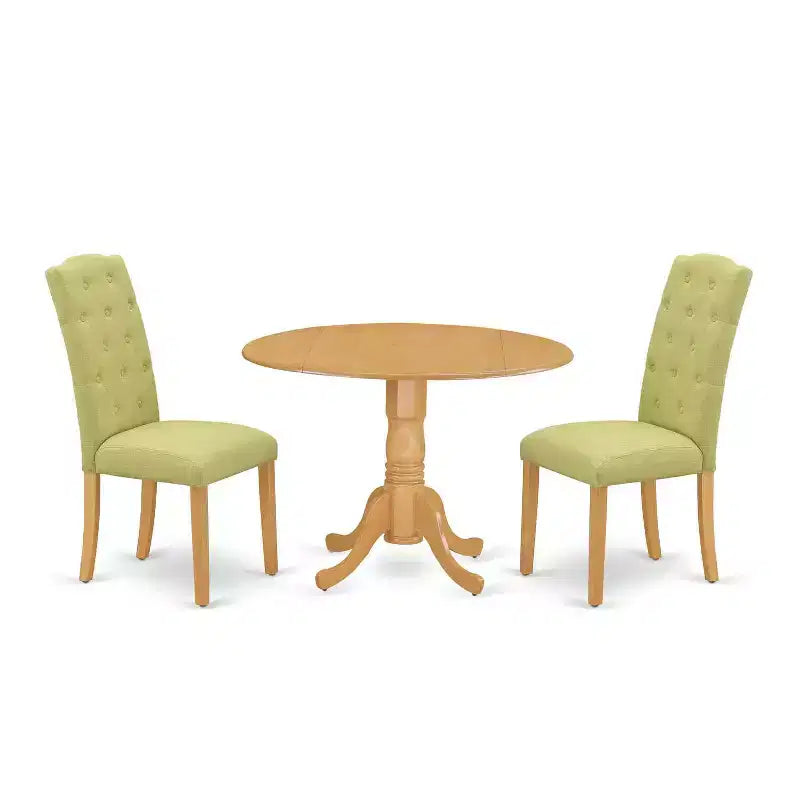 HomeStock 3-Piece Round Natural Oak Finish Solid Wood Top Dining Table with 2 Parson Chairs with Drop Leaf