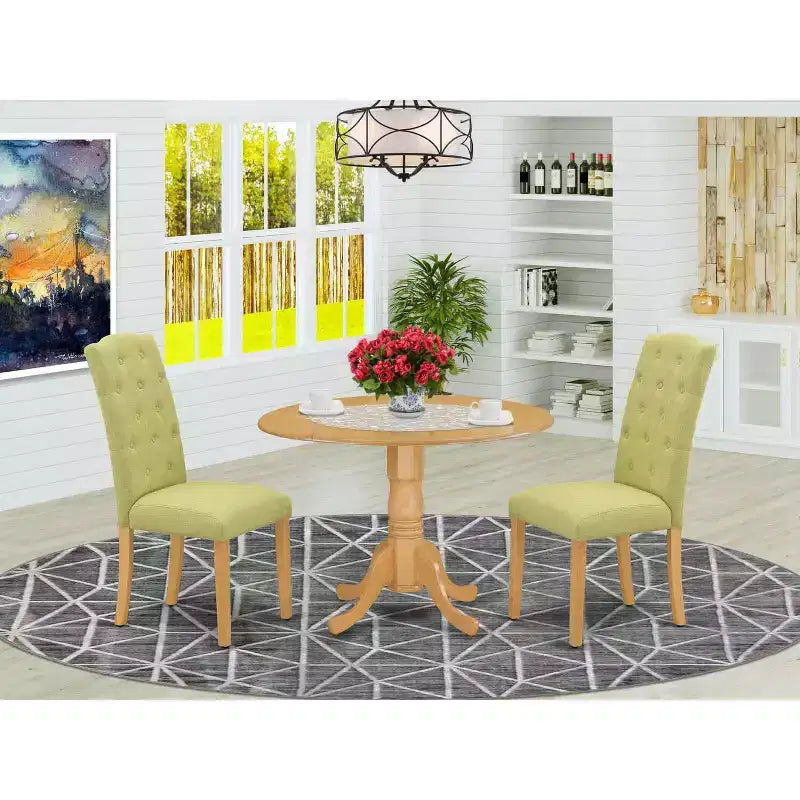 HomeStock 3-Piece Round Natural Oak Finish Solid Wood Top Dining Table with 2 Parson Chairs with Drop Leaf