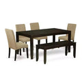 Contemporary 6Pc Dining Set - 48/60 Table, 4 Parsons Chairs & Bench - Linen Fabric, Cappuccino Finish