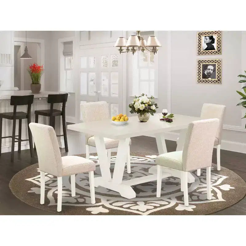 HomeStock 5-Pc Rectangle Natural Oak Finish Solid Wood Top Dining Table with 4 Parson Chair