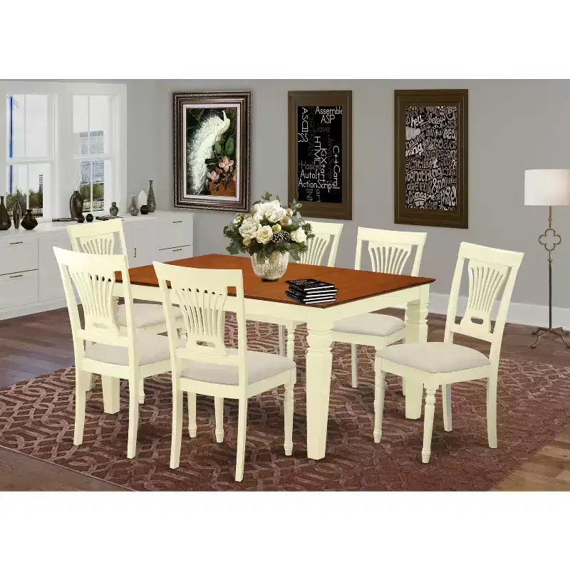 HomeStock 7-Piece Buttermilk and Cherry Finish Solid Wood Top Dining Table with 6 Chairs