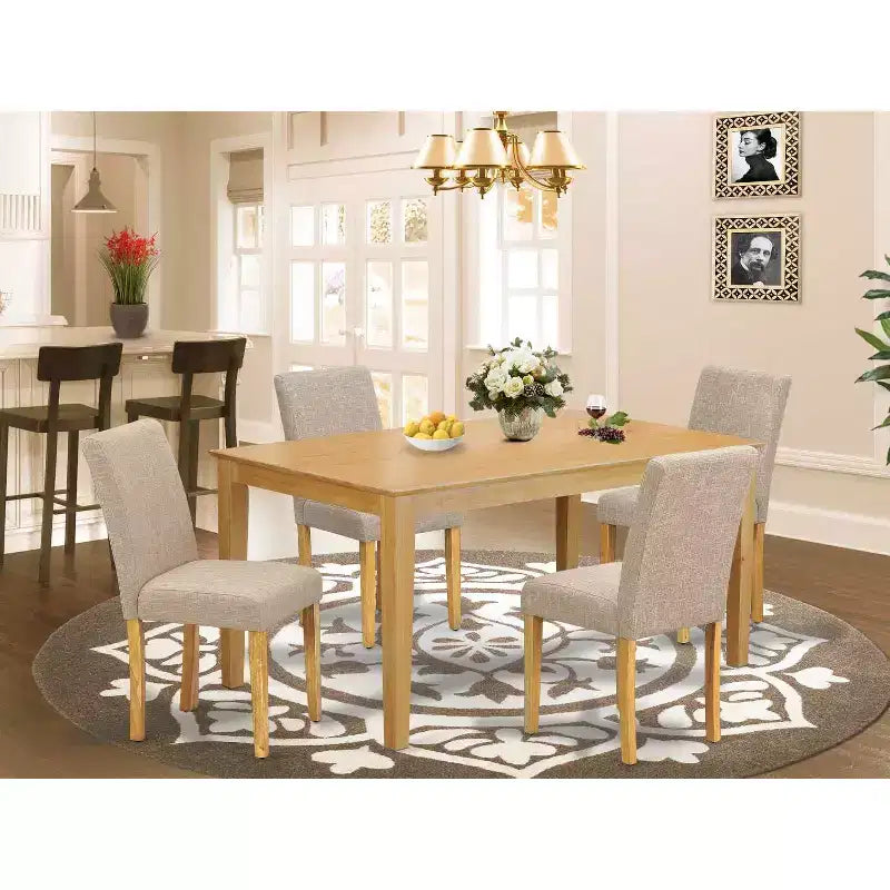 Rectangle Dining Set 5Pc Table & Chair Set - Linen Fabric, Oak Legs, Light Fawn - HomeStock