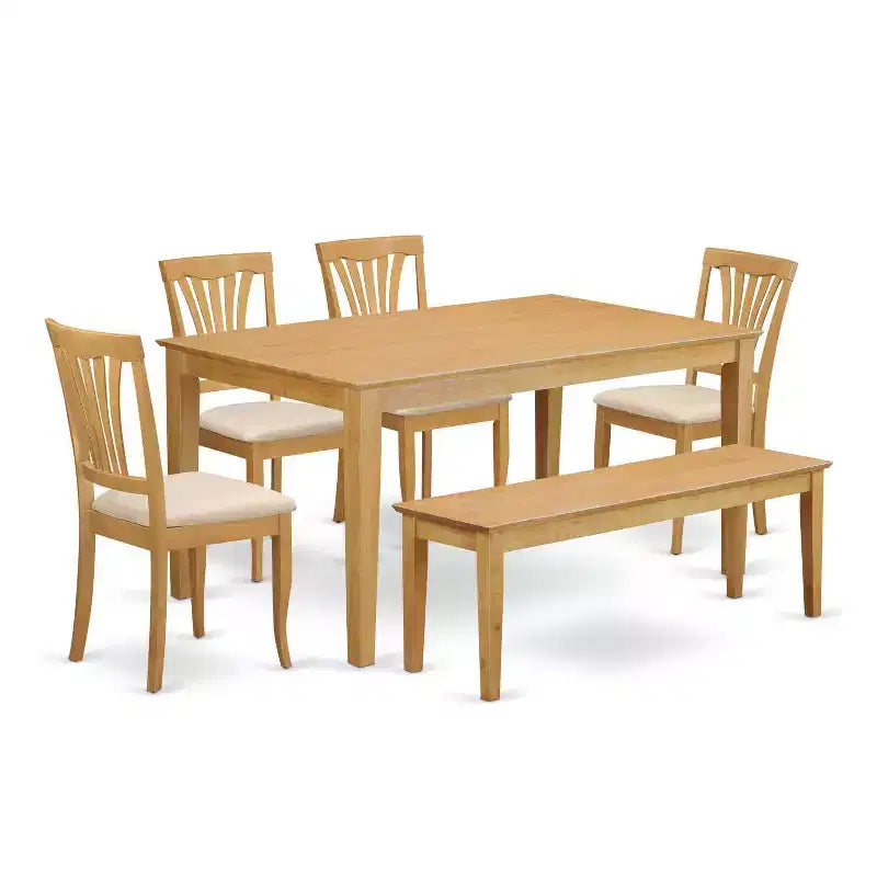 Dining Room Set 6 Piece Table & Chairs Bench - Oak Finish Kitchen Set 36x60 Inch