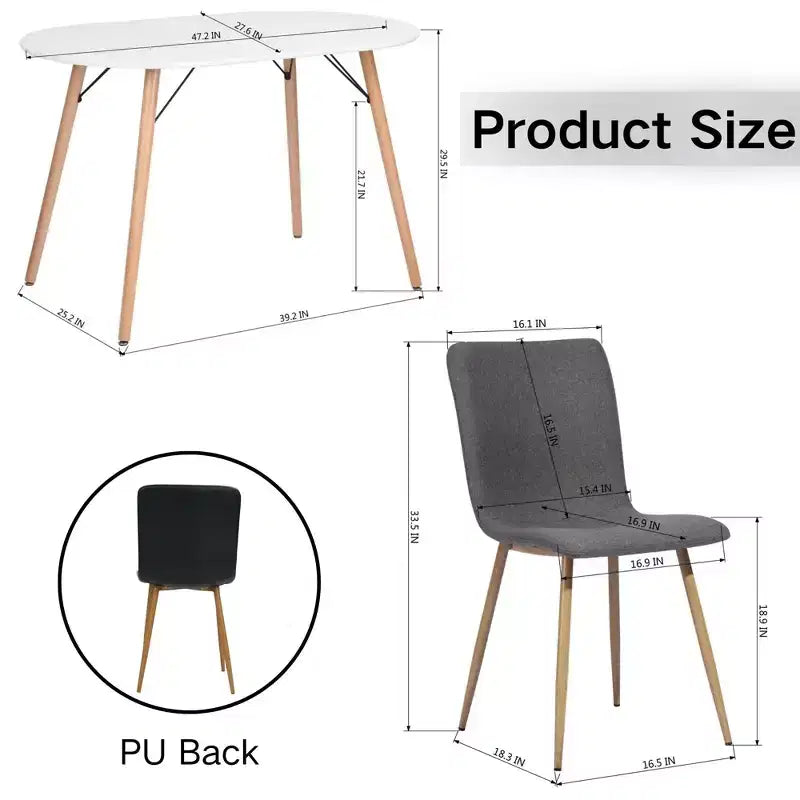 FurnitureR Modern 5-Piece Dining Set with Oval Table and Fabric-PU Hybrid Chairs, Wood-Look Legs, Compact Kitchen Dining Room Furniture for 4 People