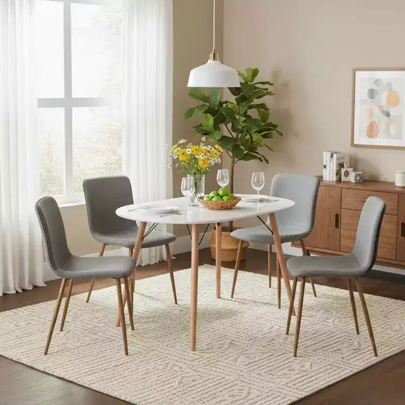 FurnitureR Modern 5-Piece Dining Set with Oval Table and Fabric-PU Hybrid Chairs, Wood-Look Legs, Compact Kitchen Dining Room Furniture for 4 People