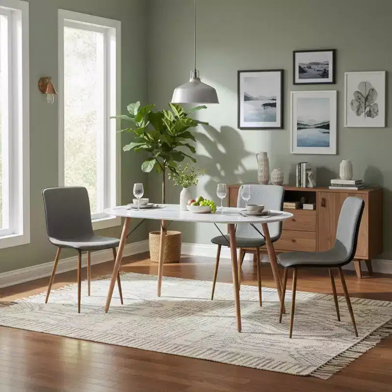 FurnitureR Modern 5-Piece Dining Set with Oval Table and Fabric-PU Hybrid Chairs, Wood-Look Legs, Compact Kitchen Dining Room Furniture for 4 People