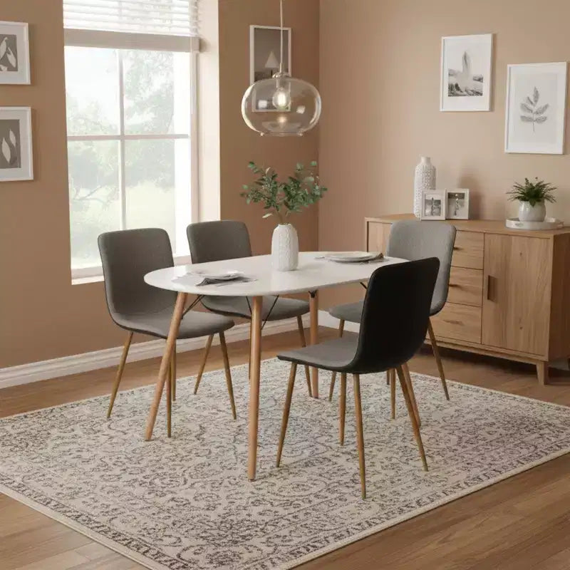 FurnitureR Modern 5-Piece Dining Set with Oval Table and Fabric-PU Hybrid Chairs, Wood-Look Legs, Compact Kitchen Dining Room Furniture for 4 People