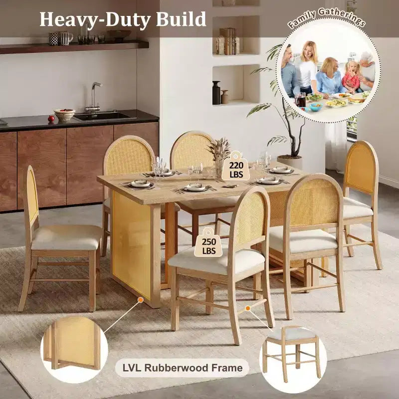 7-Piece Rustic Dining Table Set with Wood Frame and Rattan Accents, Dining Set with 6 Rattan Dining Chairs for Dining Room - Panipeachy