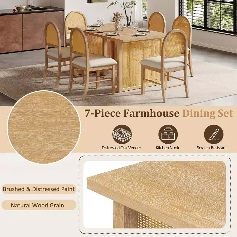 7-Piece Rustic Dining Table Set with Wood Frame and Rattan Accents, Dining Set with 6 Rattan Dining Chairs for Dining Room - Panipeachy