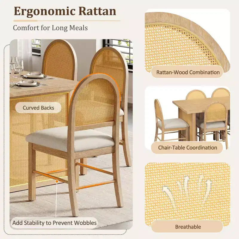 7-Piece Rustic Dining Table Set with Wood Frame and Rattan Accents, Dining Set with 6 Rattan Dining Chairs for Dining Room - Panipeachy