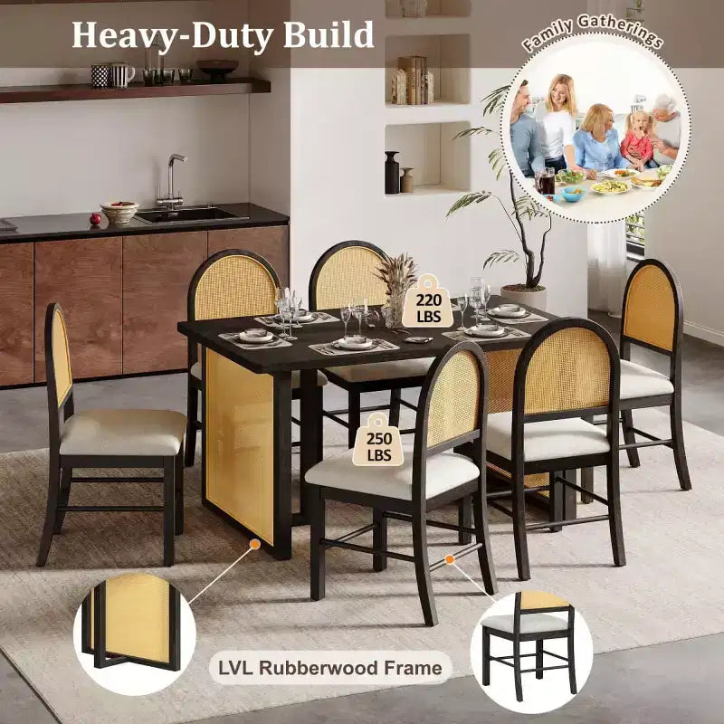 7-Piece Rustic Dining Table Set with Wood Frame and Rattan Accents, Dining Set with 6 Rattan Dining Chairs for Dining Room - Panipeachy