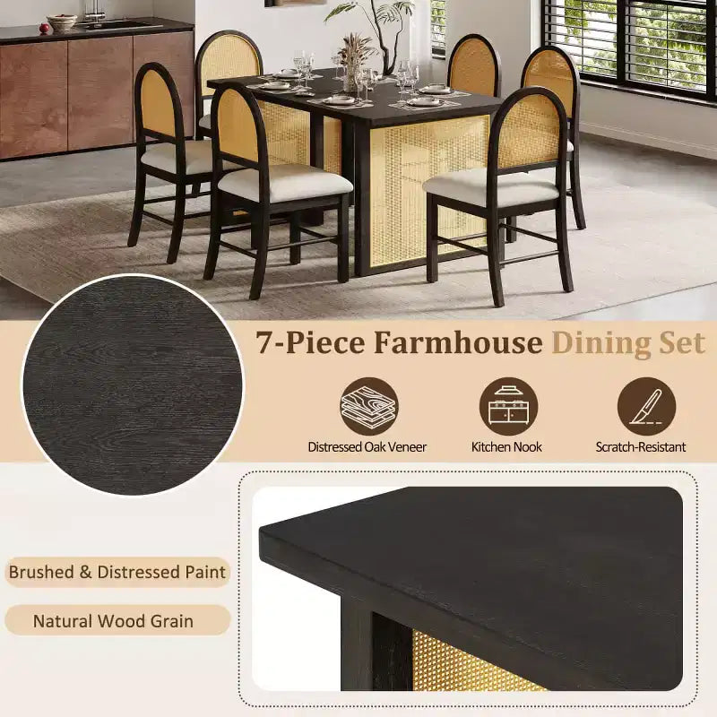 7-Piece Rustic Dining Table Set with Wood Frame and Rattan Accents, Dining Set with 6 Rattan Dining Chairs for Dining Room - Panipeachy