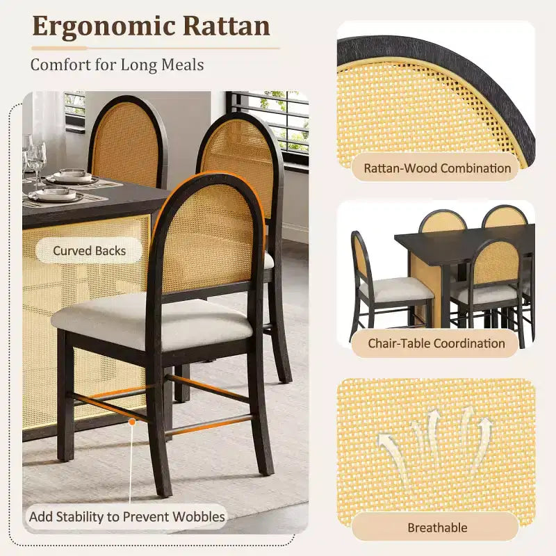 7-Piece Rustic Dining Table Set with Wood Frame and Rattan Accents, Dining Set with 6 Rattan Dining Chairs for Dining Room - Panipeachy