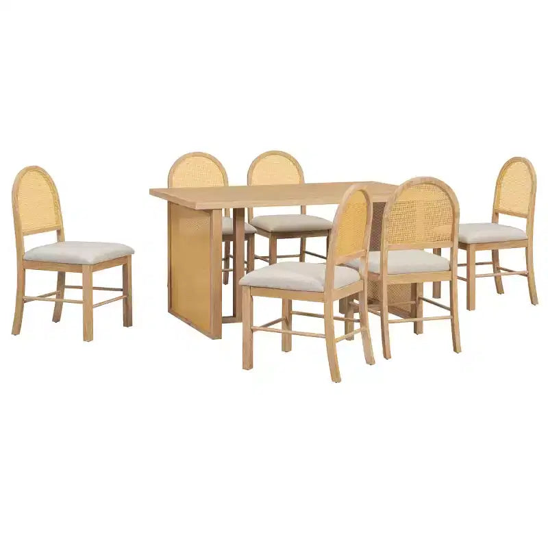 7-Piece Rustic Dining Table Set with Wood Frame and Rattan Accents, Dining Set with 6 Rattan Dining Chairs for Dining Room - Panipeachy