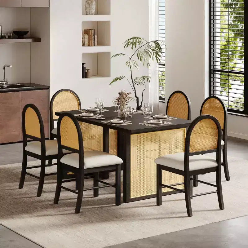 7-Piece Rustic Dining Table Set with Wood Frame and Rattan Accents, Dining Set with 6 Rattan Dining Chairs for Dining Room - Panipeachy
