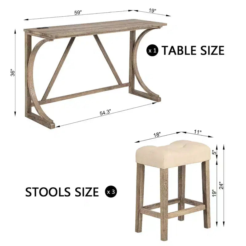 JVNOXK4-Piece Bar Table Set with Power Outlet, Dining Bar Table and Chairs Set,Bar Table Set with 3 Padded Stools for Living Room, Brown