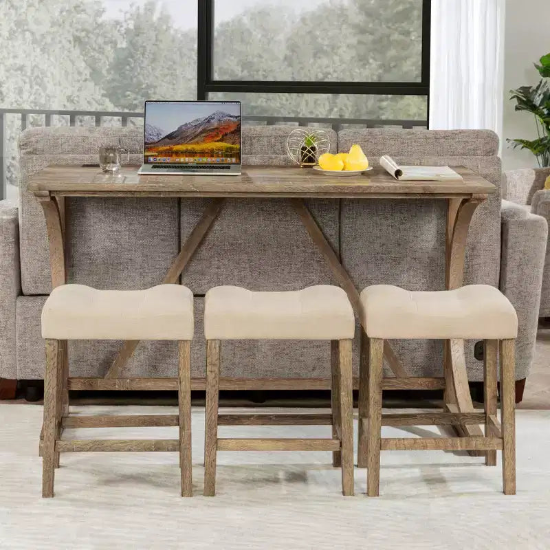 JVNOXK4-Piece Bar Table Set with Power Outlet, Dining Bar Table and Chairs Set,Bar Table Set with 3 Padded Stools for Living Room, Brown