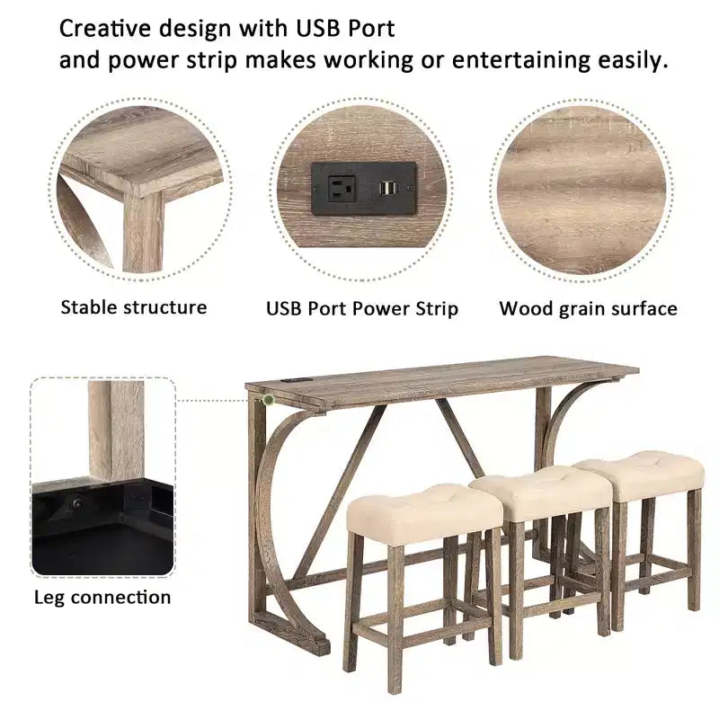 JVNOXK4-Piece Bar Table Set with Power Outlet, Dining Bar Table and Chairs Set,Bar Table Set with 3 Padded Stools for Living Room, Brown