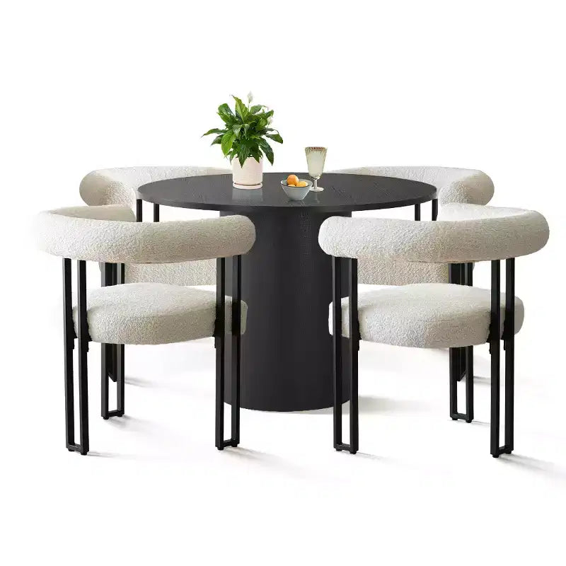 Modern 5-Piece Round Black Dining Table Set, Pedestal Table with 4 Boucle Upholstered Dining Chairs for Kitchen or Apartment-Panipeachy