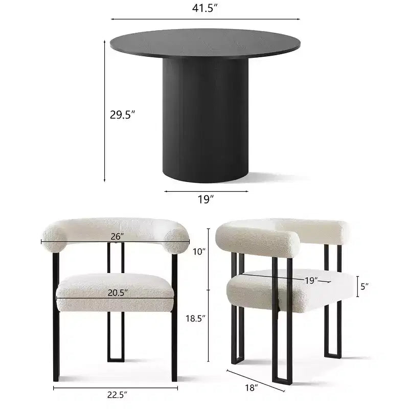 Modern 5-Piece Round Black Dining Table Set, Pedestal Table with 4 Boucle Upholstered Dining Chairs for Kitchen or Apartment-Panipeachy