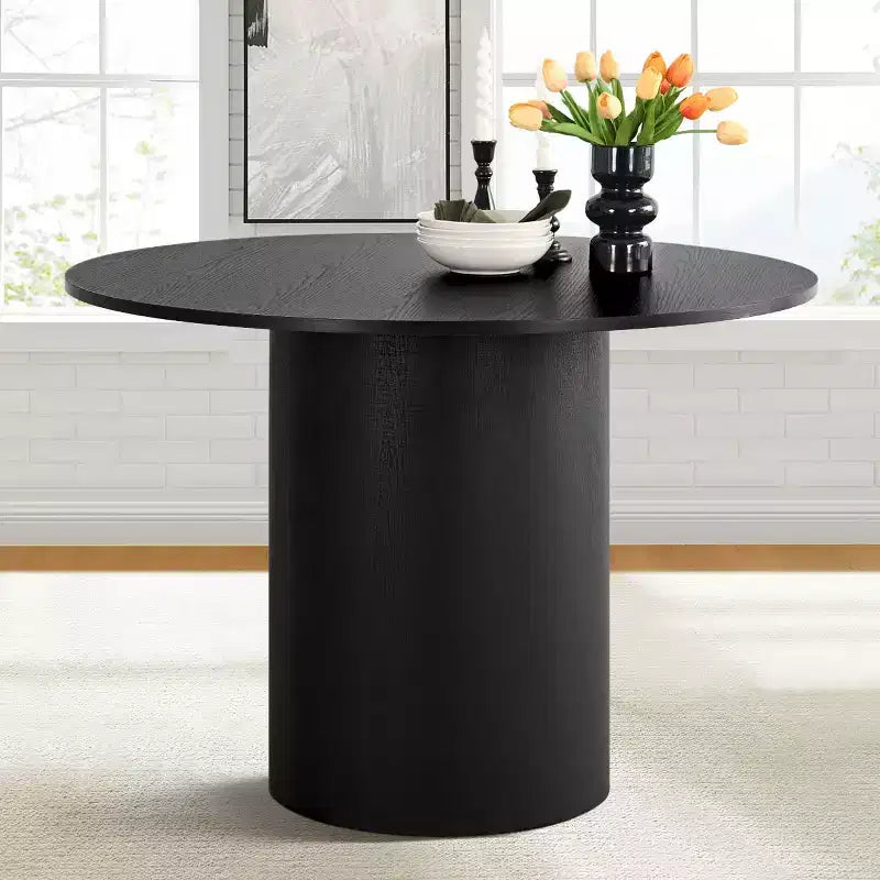Modern 5-Piece Round Black Dining Table Set, Pedestal Table with 4 Boucle Upholstered Dining Chairs for Kitchen or Apartment-Panipeachy
