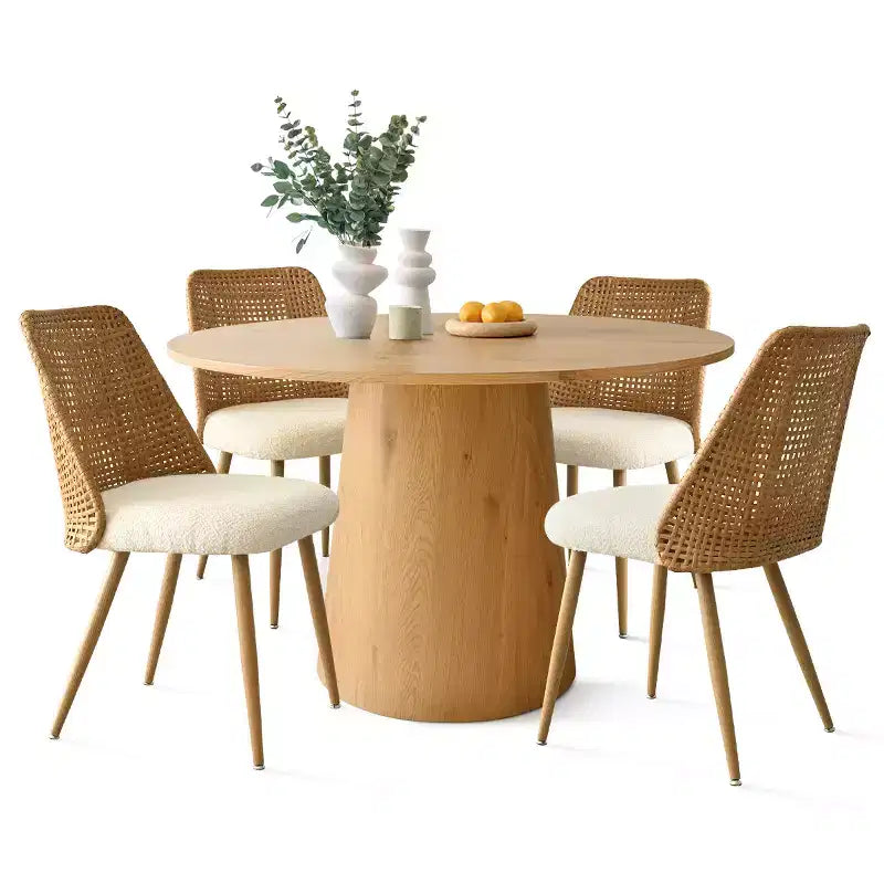 5-Piece Round Dining Table Set, 46 Pedestal Table with 4 Rattan Back Boucle Upholstered Chairs, Coastal Farmhouse Dining Room Set-Panipeachy