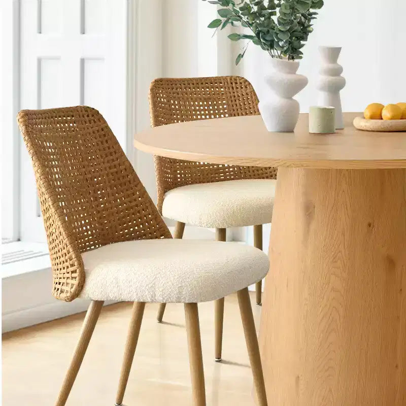 5-Piece Round Dining Table Set, 46 Pedestal Table with 4 Rattan Back Boucle Upholstered Chairs, Coastal Farmhouse Dining Room Set-Panipeachy