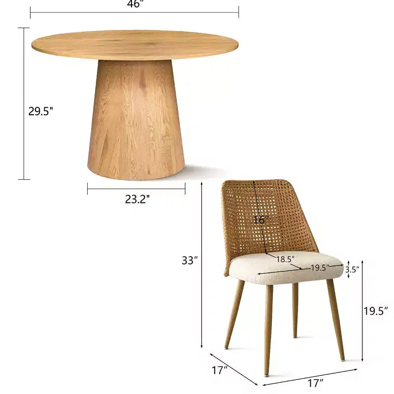 5-Piece Round Dining Table Set, 46 Pedestal Table with 4 Rattan Back Boucle Upholstered Chairs, Coastal Farmhouse Dining Room Set-Panipeachy