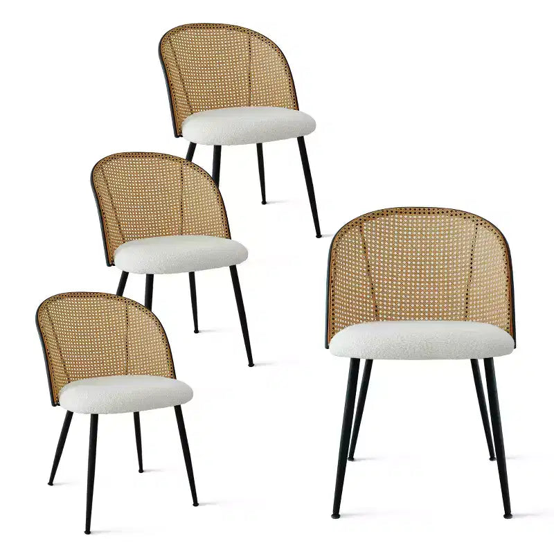 5-Piece Round Dining Table Set, Modern Table with Black Base, Rattan Back Chairs and Boucle Upholstered Seats for Small Spaces-Panipeachy
