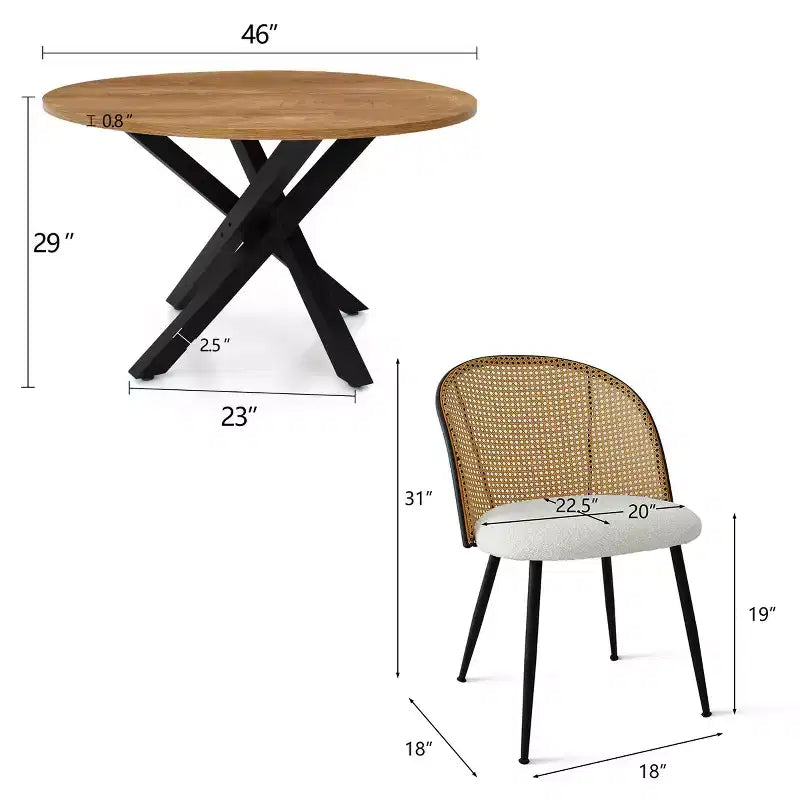 5-Piece Round Dining Table Set, Modern Table with Black Base, Rattan Back Chairs and Boucle Upholstered Seats for Small Spaces-Panipeachy