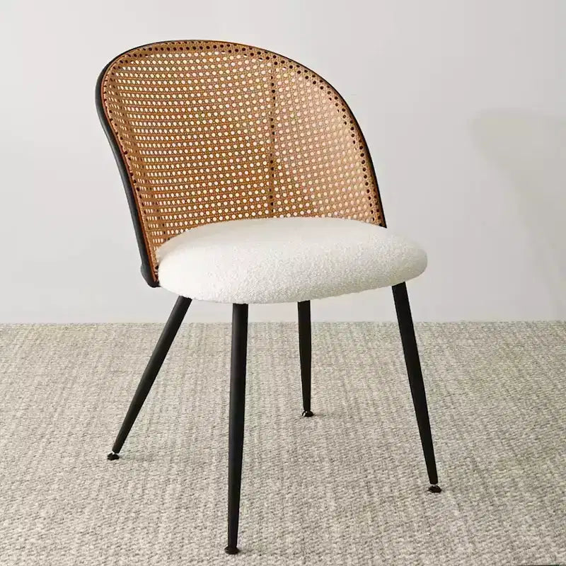 5-Piece Round Dining Table Set, Modern Table with Black Base, Rattan Back Chairs and Boucle Upholstered Seats for Small Spaces-Panipeachy