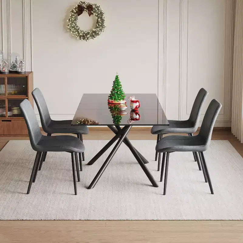 GDFStudio Noemi Contemporary 5 Piece Expandable Glass Dining Table Set with Faux Leather Upholstered Chairs