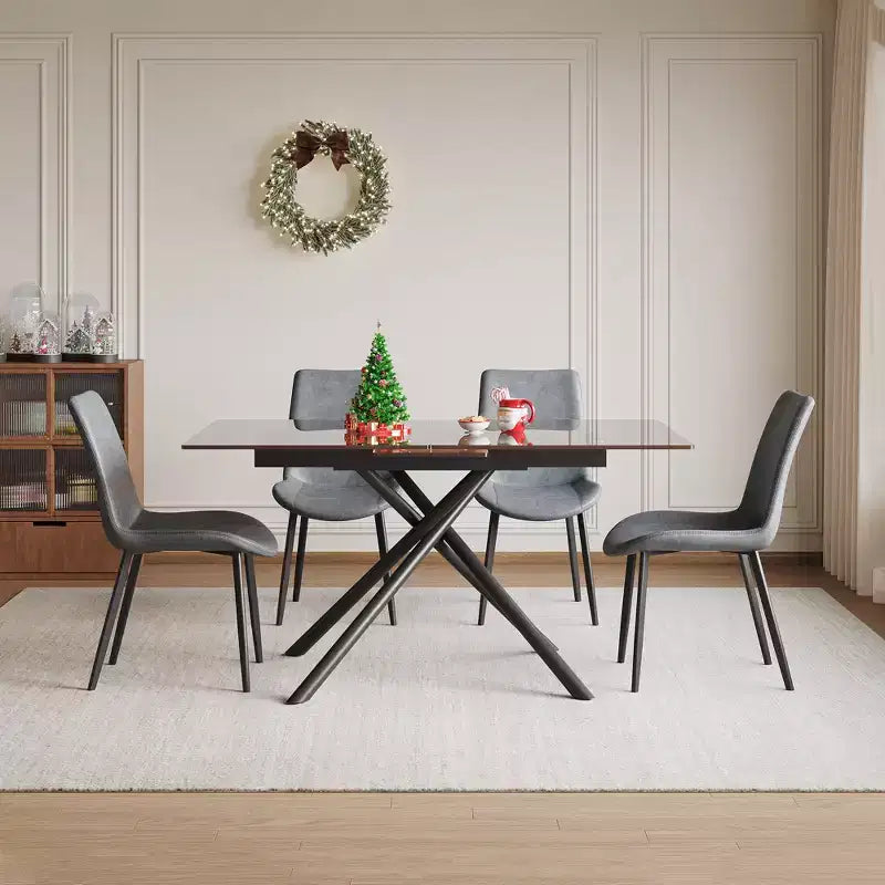 GDFStudio Noemi Contemporary 5 Piece Expandable Glass Dining Table Set with Faux Leather Upholstered Chairs