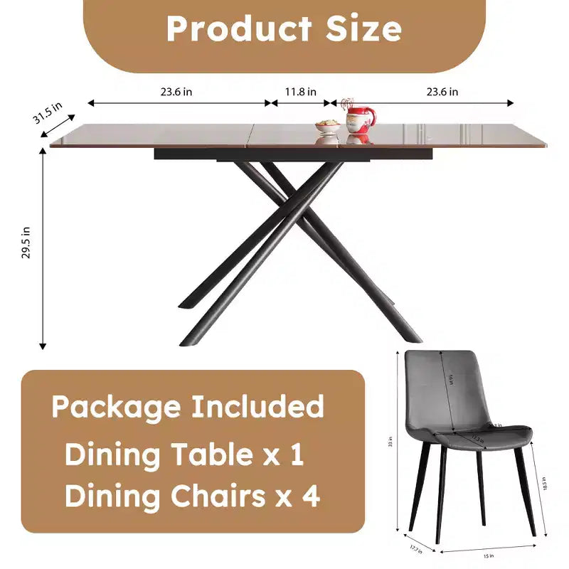 GDFStudio Noemi Contemporary 5 Piece Expandable Glass Dining Table Set with Faux Leather Upholstered Chairs