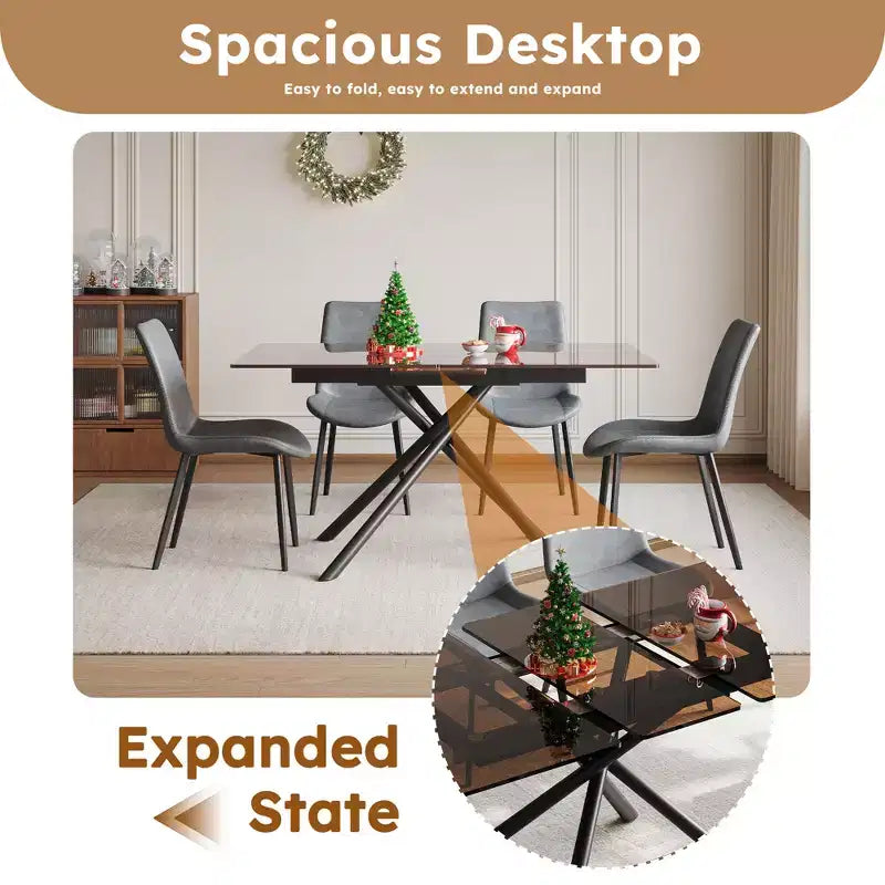 GDFStudio Noemi Contemporary 5 Piece Expandable Glass Dining Table Set with Faux Leather Upholstered Chairs