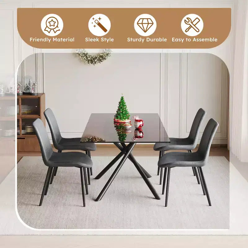 GDFStudio Noemi Contemporary 5 Piece Expandable Glass Dining Table Set with Faux Leather Upholstered Chairs