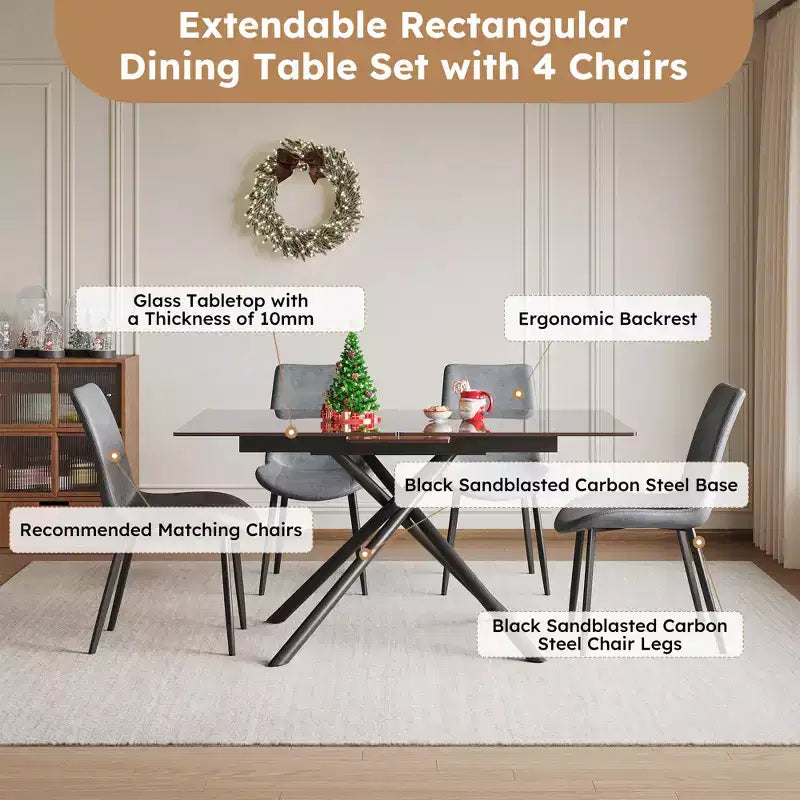GDFStudio Noemi Contemporary 5 Piece Expandable Glass Dining Table Set with Faux Leather Upholstered Chairs