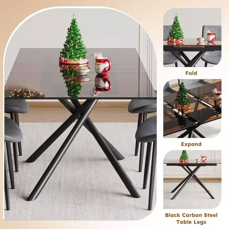 GDFStudio Noemi Contemporary 5 Piece Expandable Glass Dining Table Set with Faux Leather Upholstered Chairs