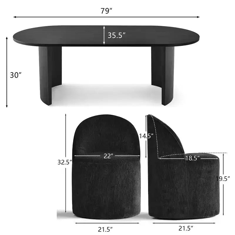 7-Piece Dining Set for Kitchen, Black Oval Table and Chenille Barrel Chairs, Modern Dining Room Furniture - Panipeachy