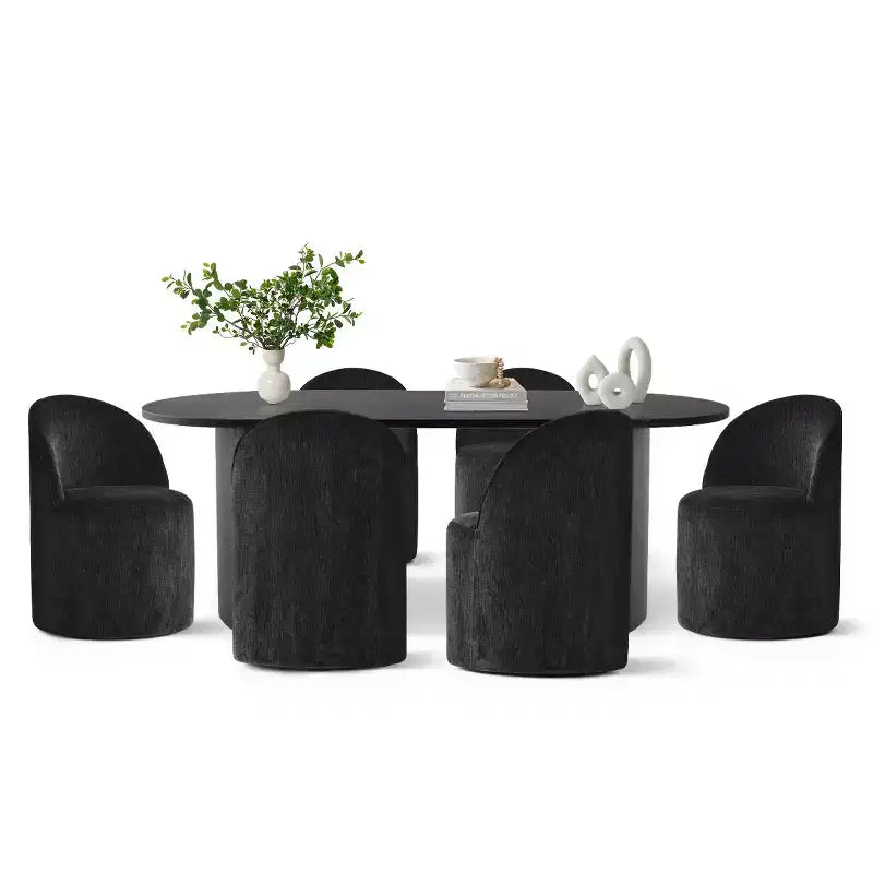 7-Piece Dining Set for Kitchen, Black Oval Table and Chenille Barrel Chairs, Modern Dining Room Furniture - Panipeachy