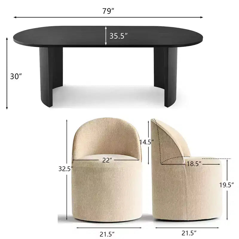 7-Piece Dining Set for Kitchen, Black Oval Table and Chenille Barrel Chairs, Modern Dining Room Furniture - Panipeachy