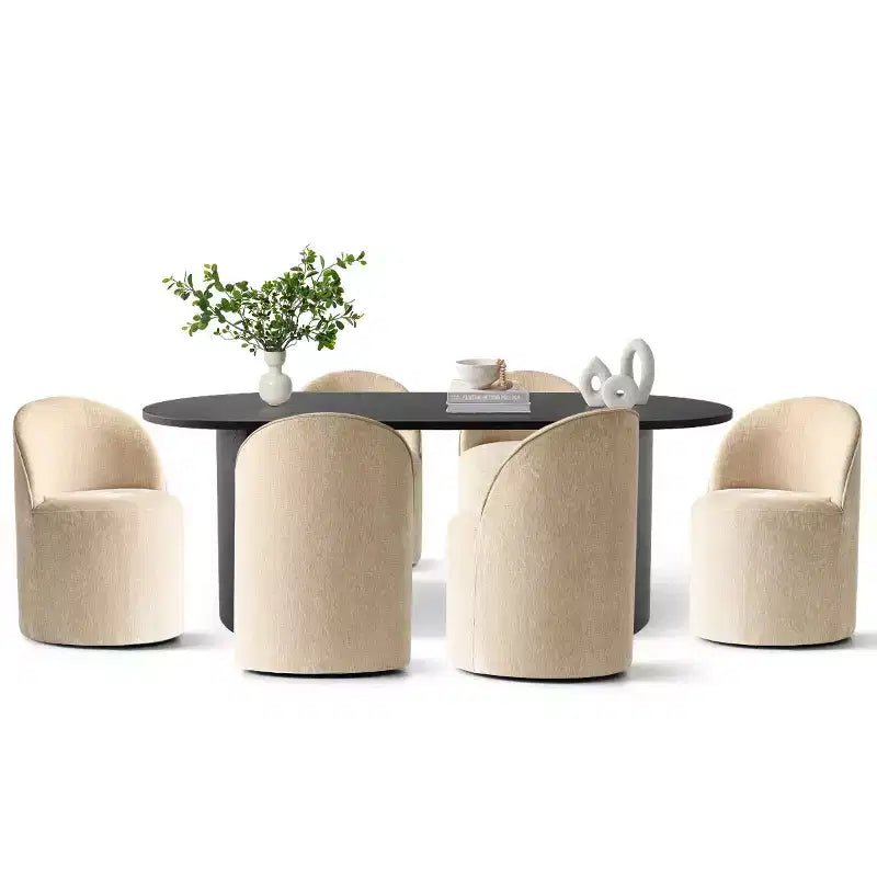 7-Piece Dining Set for Kitchen, Black Oval Table and Chenille Barrel Chairs, Modern Dining Room Furniture - Panipeachy