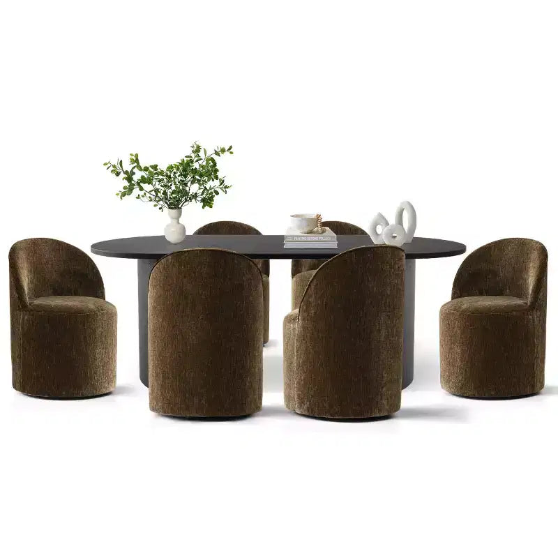 7-Piece Dining Set for Kitchen, Black Oval Table and Chenille Barrel Chairs, Modern Dining Room Furniture - Panipeachy