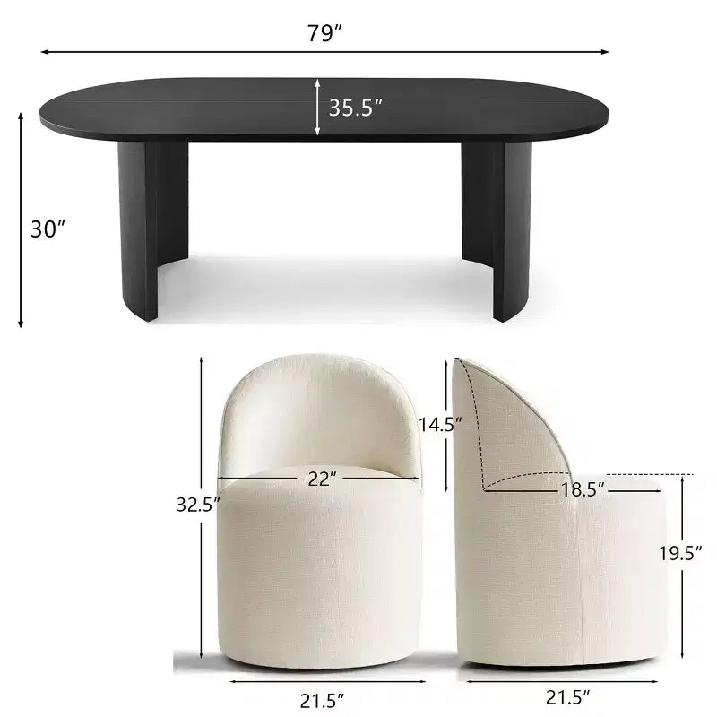 7-Piece Dining Set for Kitchen, Black Oval Table and Chenille Barrel Chairs, Modern Dining Room Furniture - Panipeachy