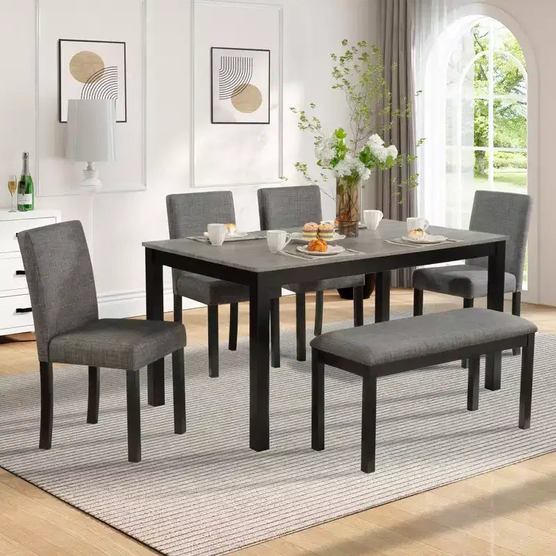 sumyeg 6 Piece Dining Table Set with Rectangular Table, Chairs and Bench for Dining Room