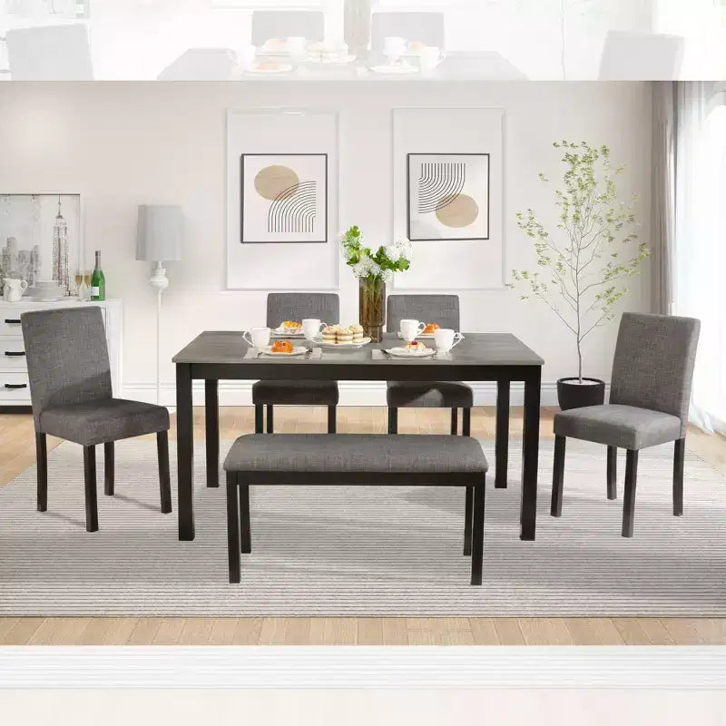 sumyeg 6 Piece Dining Table Set with Rectangular Table, Chairs and Bench for Dining Room