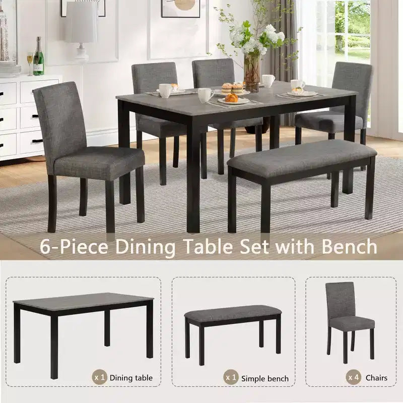 sumyeg 6 Piece Dining Table Set with Rectangular Table, Chairs and Bench for Dining Room