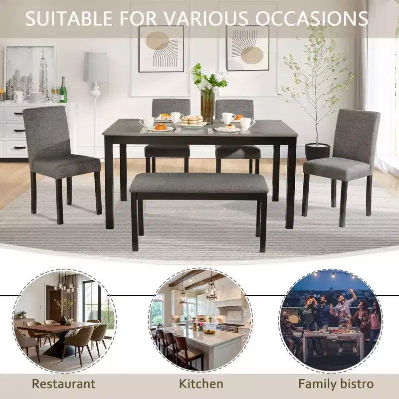 sumyeg 6 Piece Dining Table Set with Rectangular Table, Chairs and Bench for Dining Room