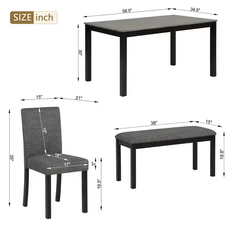 sumyeg 6 Piece Dining Table Set with Rectangular Table, Chairs and Bench for Dining Room